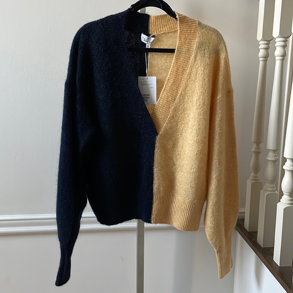 & Other Stories plunging v-cut sweater in navy blue/butter yellow sz M